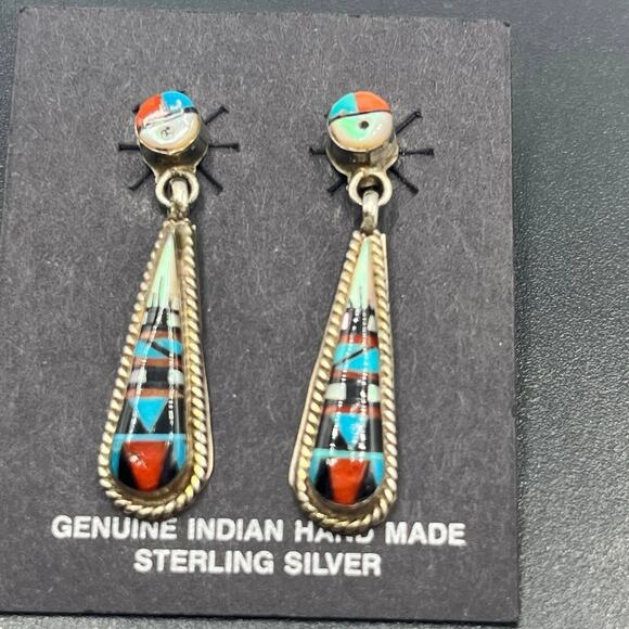 Vintage Zuni Sterling  Multi-Stone Inlay Dangle Earrings Turquoise Coral New - Picture 1 of 10